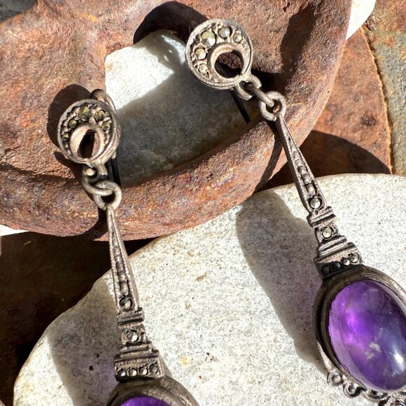 Vintage Sterling Silver Grape Amethyst Marcasite Pierced Earrings - Picture 4 of 7